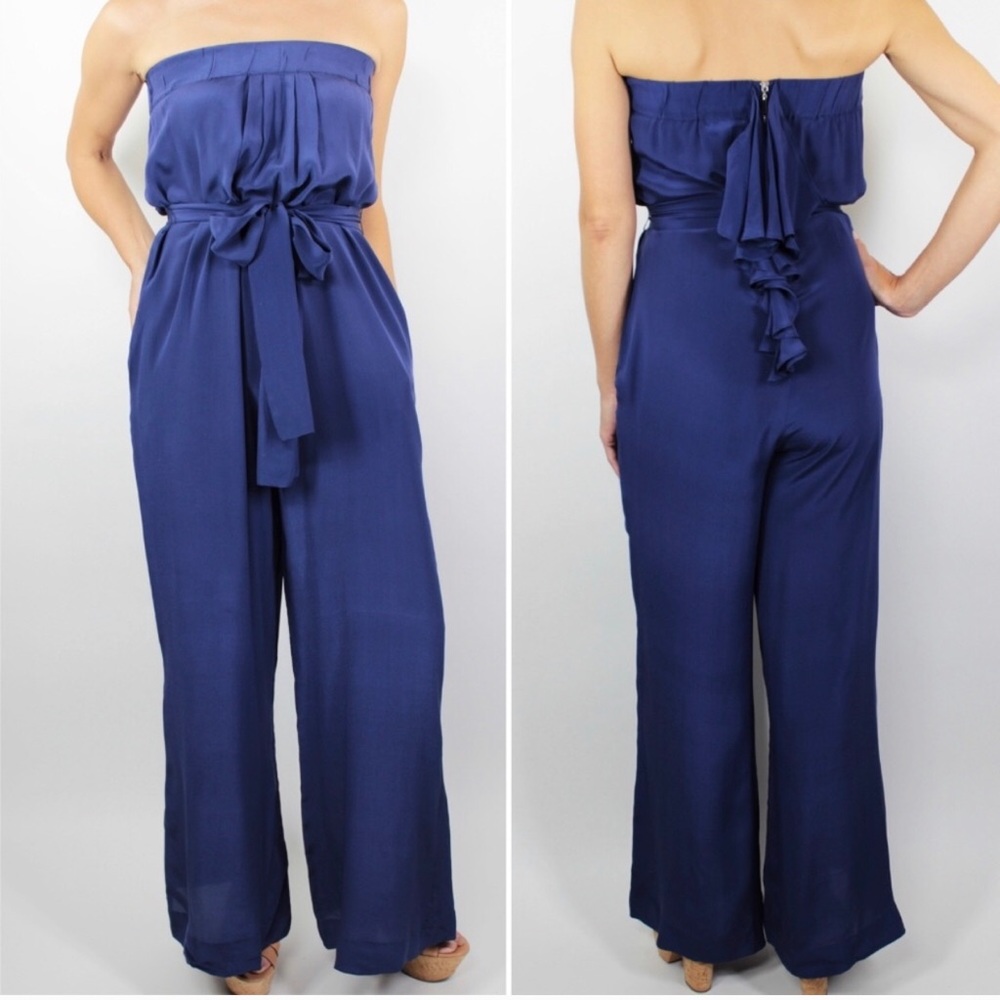 Silk Strapless Blouson Ruffle Bow Jumpsuit